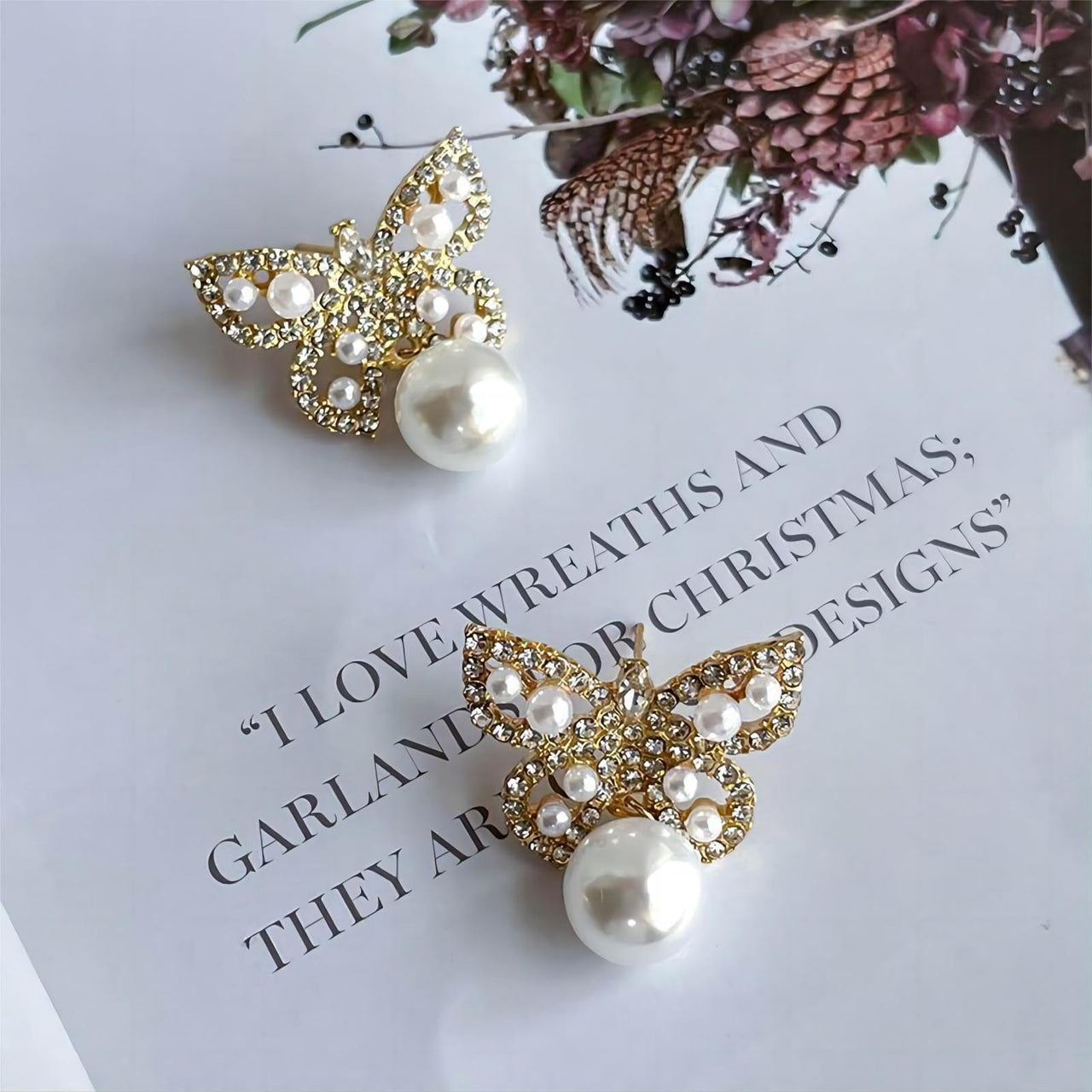 Crystal Pearl Inlaid Butterfly Earrings - ArtGalleryZen