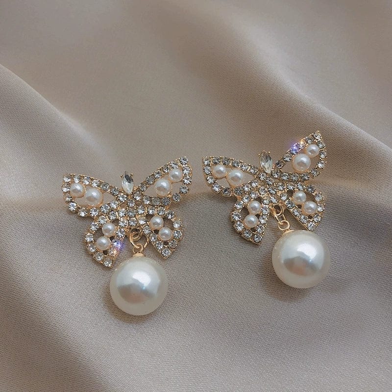 Crystal Pearl Inlaid Butterfly Earrings - ArtGalleryZen