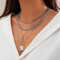 Thumbnail for Cuban Layered Ring Buckle Square Pendant Chunky Curb Chain Necklace Set - ArtGalleryZen