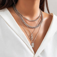 Thumbnail for Cuban Layered Ring Buckle Square Pendant Chunky Curb Chain Necklace Set - ArtGalleryZen