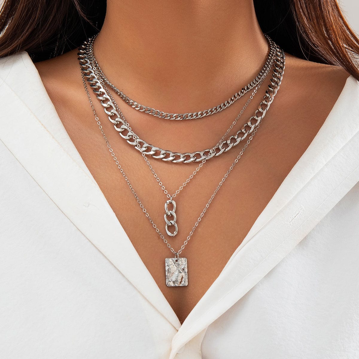 Cuban Layered Ring Buckle Square Pendant Chunky Curb Chain Necklace Set - ArtGalleryZen