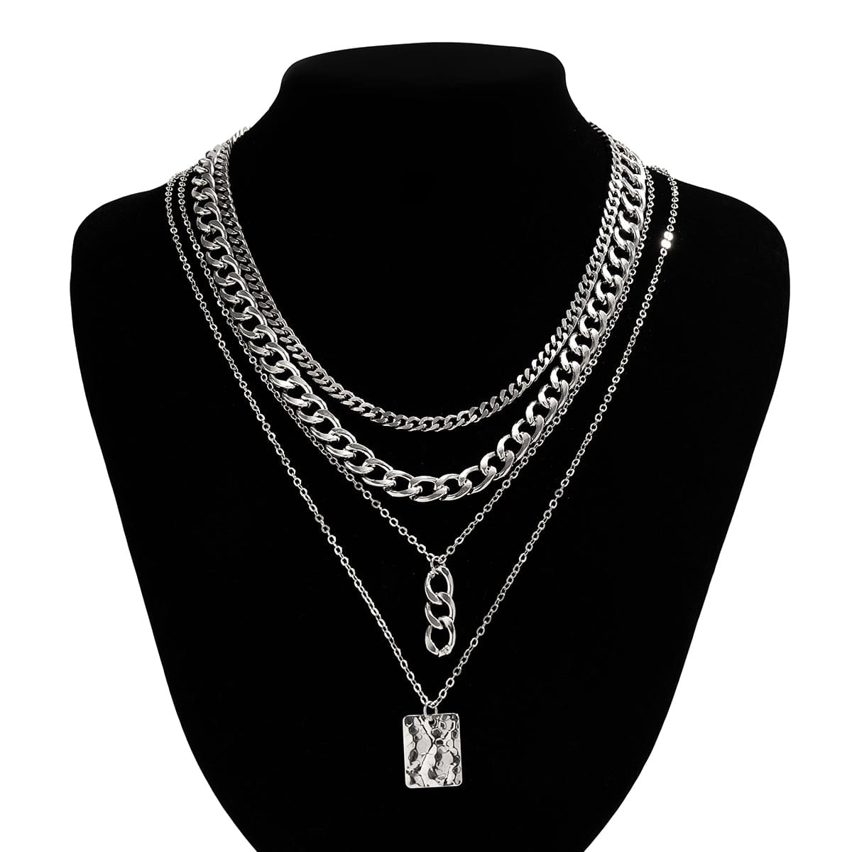 Cuban Layered Ring Buckle Square Pendant Chunky Curb Chain Necklace Set - ArtGalleryZen