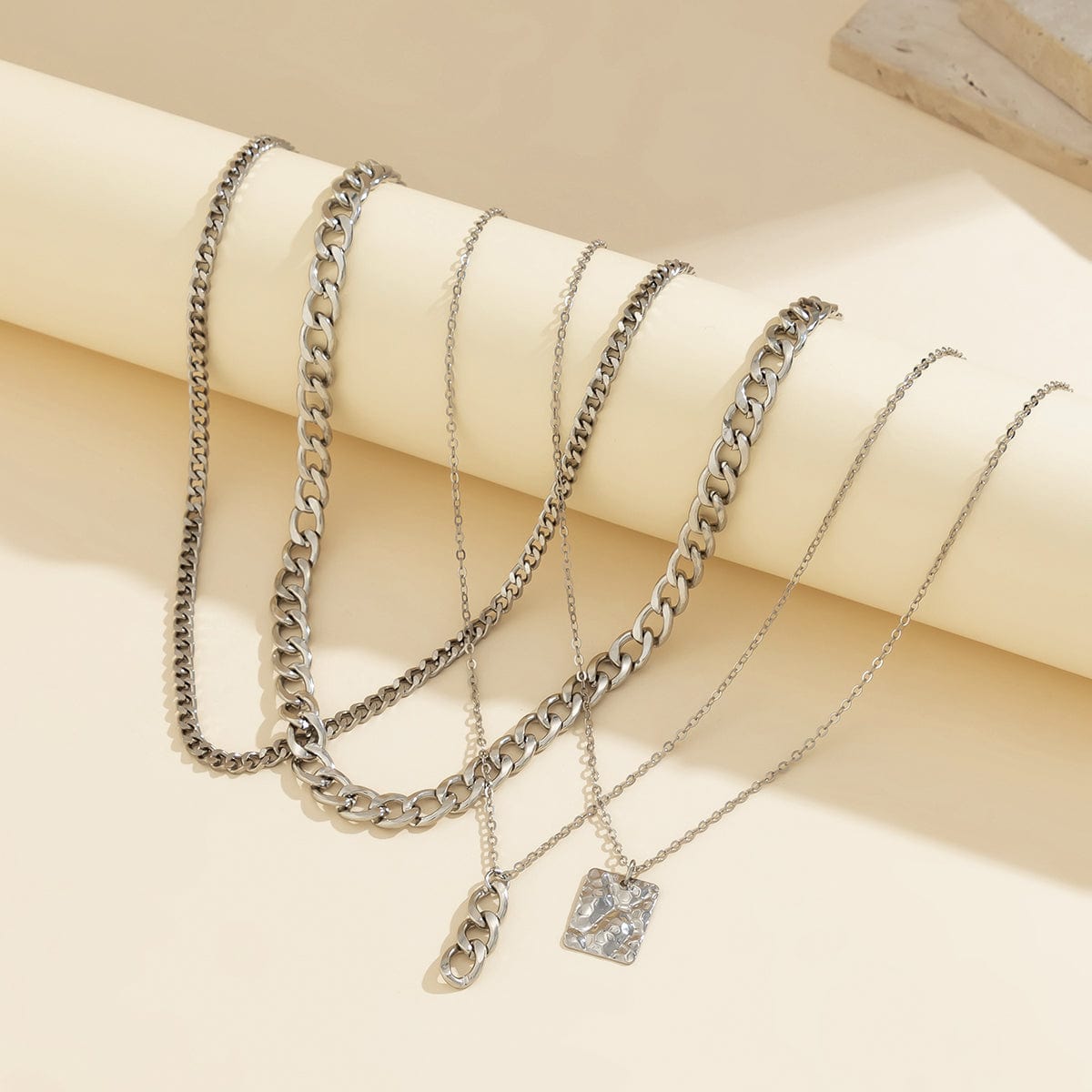 Cuban Layered Ring Buckle Square Pendant Chunky Curb Chain Necklace Set - ArtGalleryZen