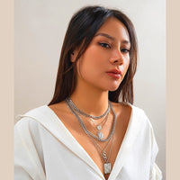 Thumbnail for Cuban Layered Round Disk Ring Buckle Square Pendant Chunky Curb Chain Necklace Set - ArtGalleryZen