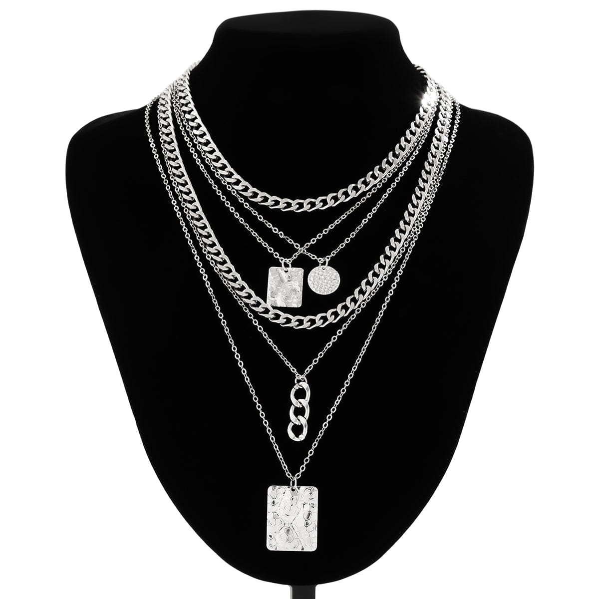 Cuban Layered Round Disk Ring Buckle Square Pendant Chunky Curb Chain Necklace Set - ArtGalleryZen