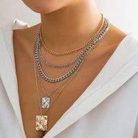 Thumbnail for Cuban Layered Two Tone Square Pendant Curb Chain Necklace Set - ArtGalleryZen