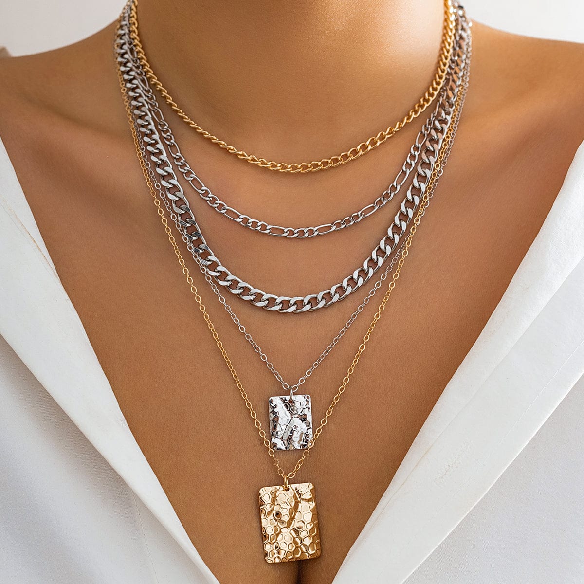 Cuban Layered Two Tone Square Pendant Curb Chain Necklace Set - ArtGalleryZen