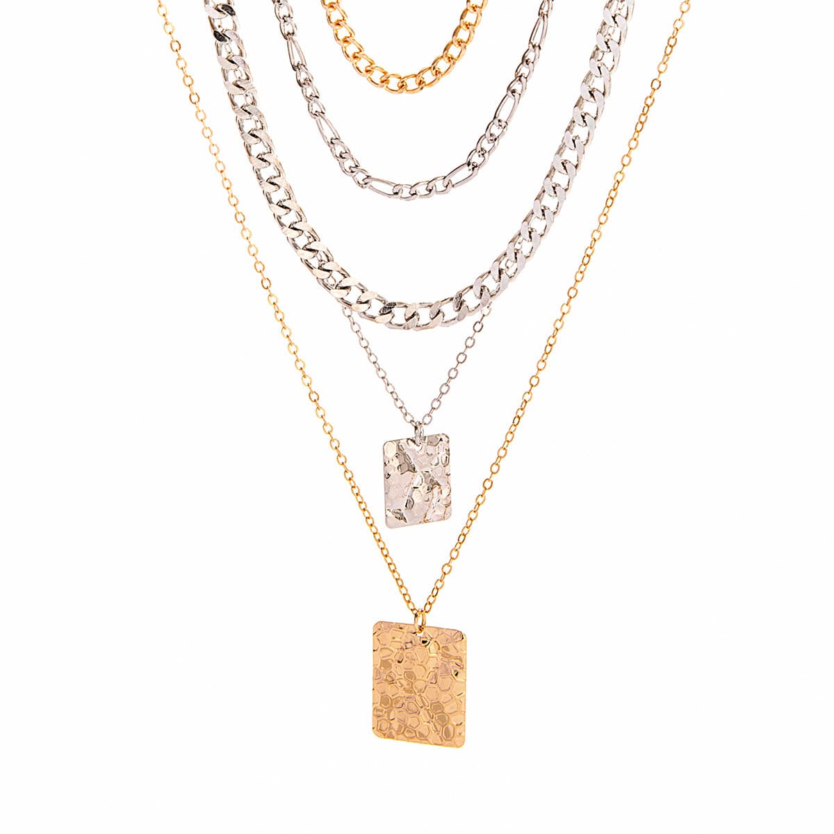 Cuban Layered Two Tone Square Pendant Curb Chain Necklace Set - ArtGalleryZen