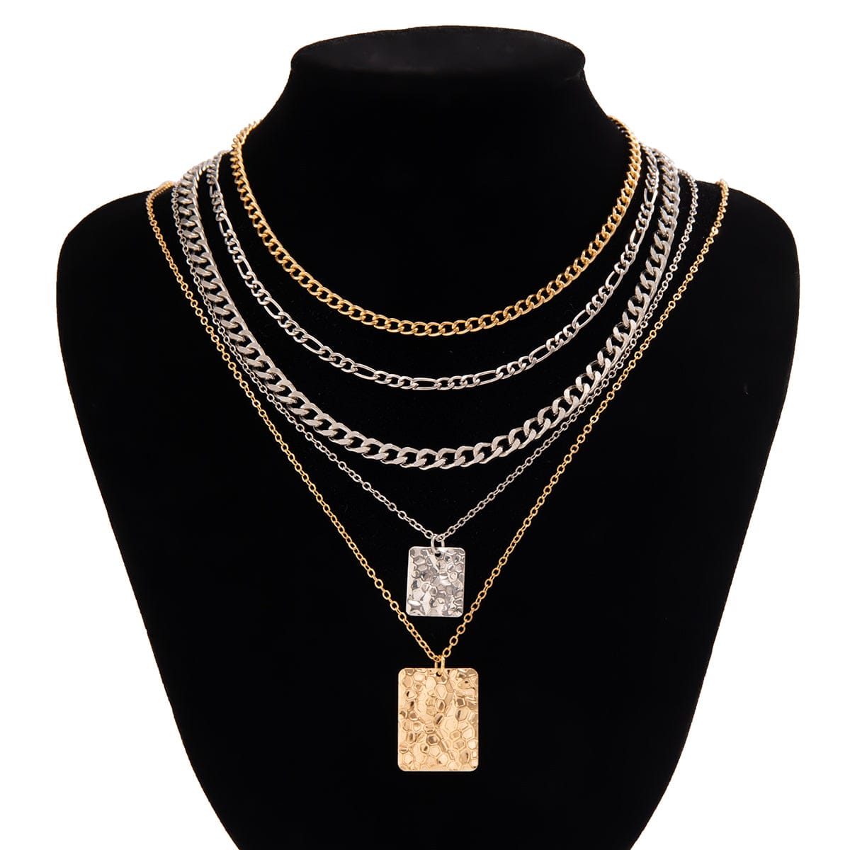 Cuban Layered Two Tone Square Pendant Curb Chain Necklace Set - ArtGalleryZen