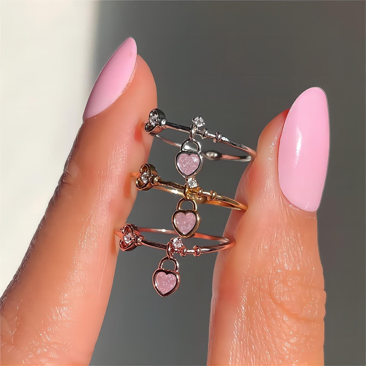 Cute 18K Gold Dangle Crystal Heart Lock Ring - ArtGalleryZen