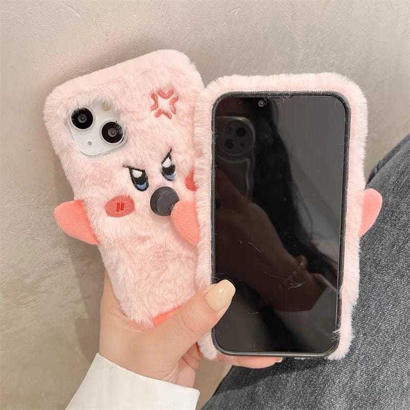 Cute Angry Kirby Embroidery Plush iPhone Case