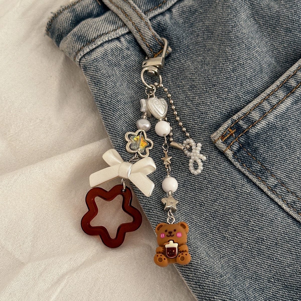 Cute Bear Star Pearl Bowknot Charm Keychain - ArtGalleryZen