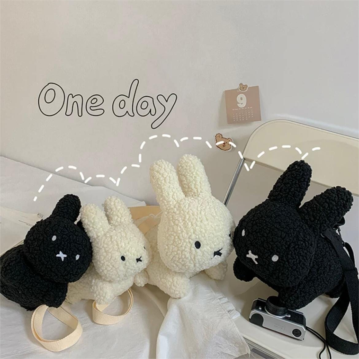 Cute Black White Plush Rabbit Crossbody Bag