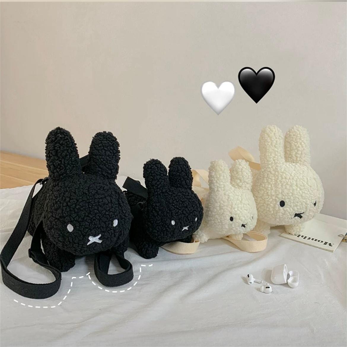 Cute Black White Plush Rabbit Crossbody Bag