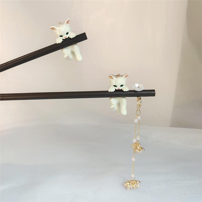 Cute Cat Pendant Flower Pearl Tassel Wooden Hair Fork Hair Pin - ArtGalleryZen