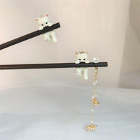 Thumbnail for Cute Cat Pendant Flower Pearl Tassel Wooden Hair Fork Hair Pin - ArtGalleryZen