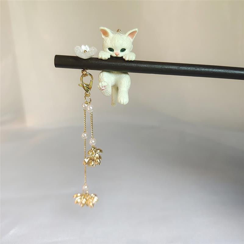 Cute Cat Pendant Flower Pearl Tassel Wooden Hair Fork Hair Pin - ArtGalleryZen