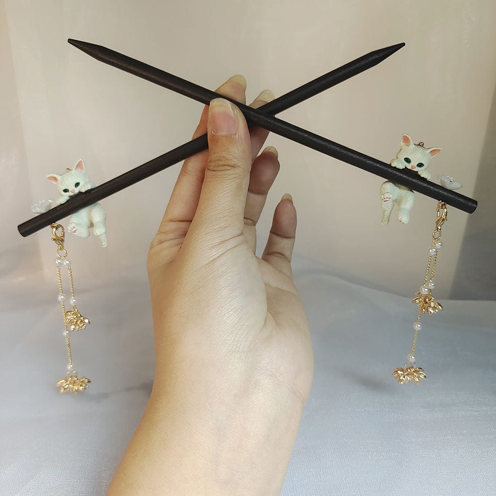 Cute Cat Pendant Flower Pearl Tassel Wooden Hair Fork Hair Pin - ArtGalleryZen