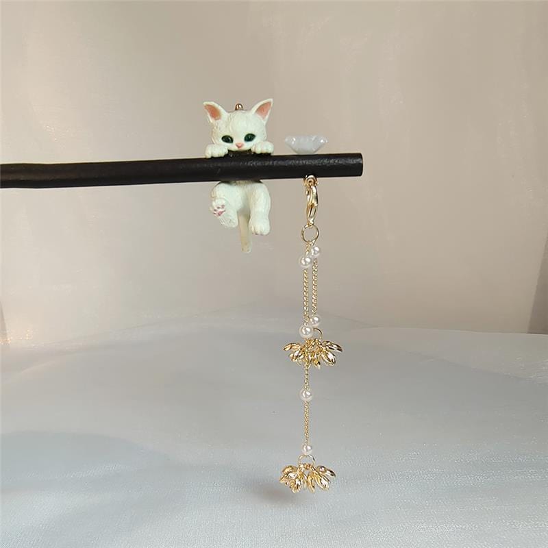 Cute Cat Pendant Flower Pearl Tassel Wooden Hair Fork Hair Pin