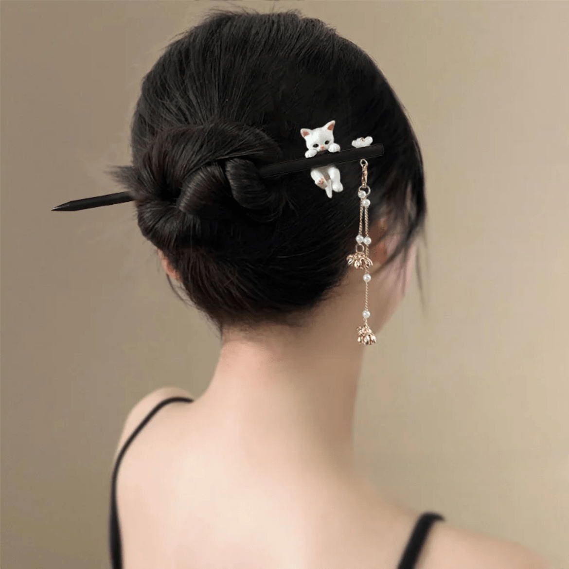 Cute Cat Pendant Flower Pearl Tassel Wooden Hair Fork Hair Pin