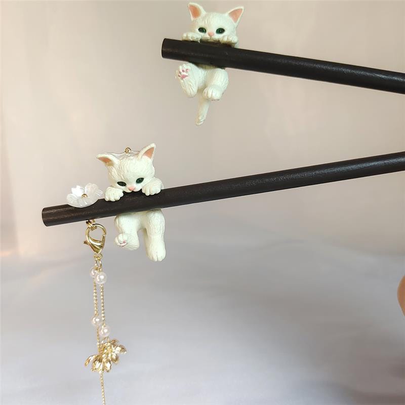 Cute Cat Pendant Flower Pearl Tassel Wooden Hair Fork Hair Pin