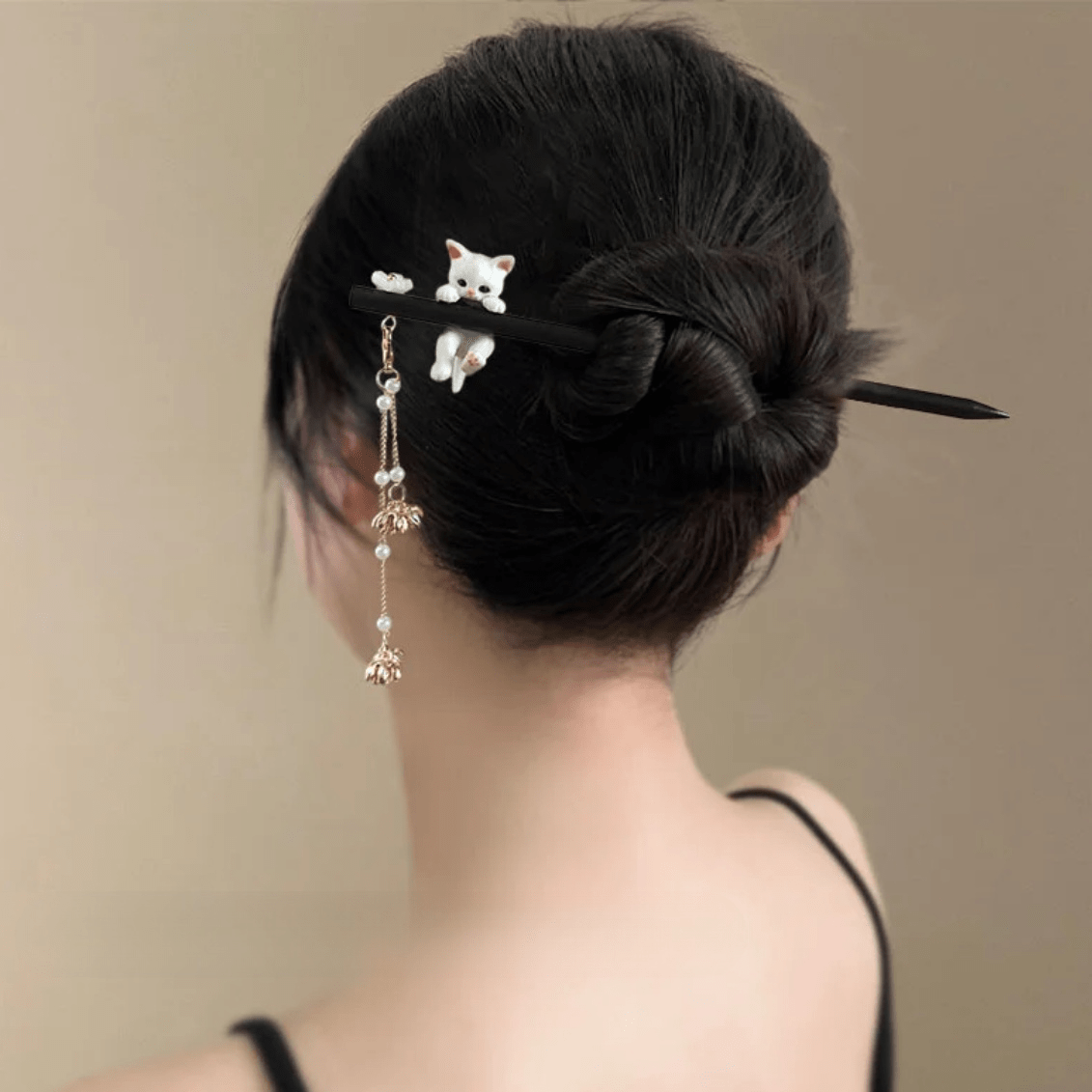 Cute Cat Pendant Flower Pearl Tassel Wooden Hair Fork Hair Pin