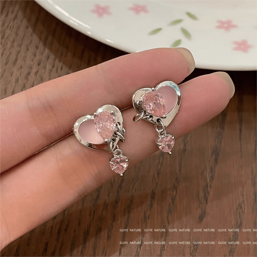 Cute Crystal Dangle Heart Earrings - ArtGalleryZen