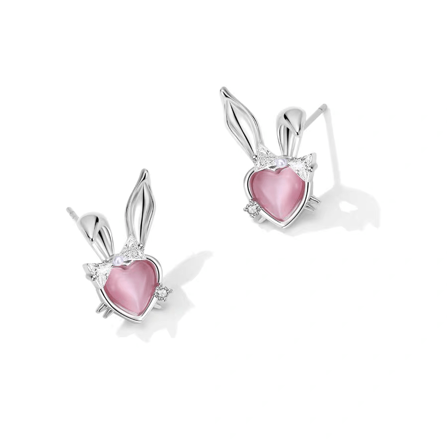 Cute CZ Inlaid Opal Heart Rabbit Earrings - ArtGalleryZen