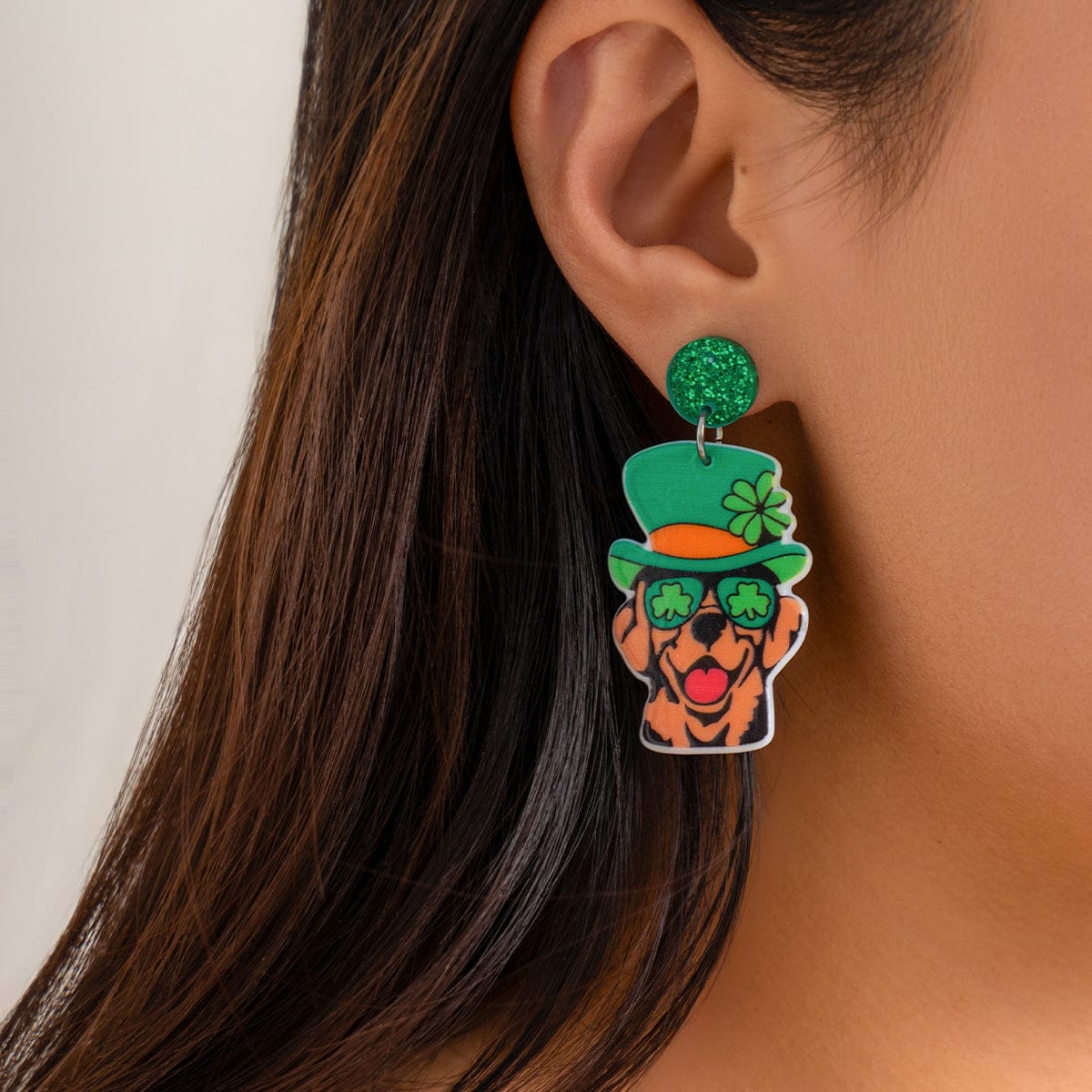 Cute Lucky Clover Dangling Puppy Earrings - ArtGalleryZen