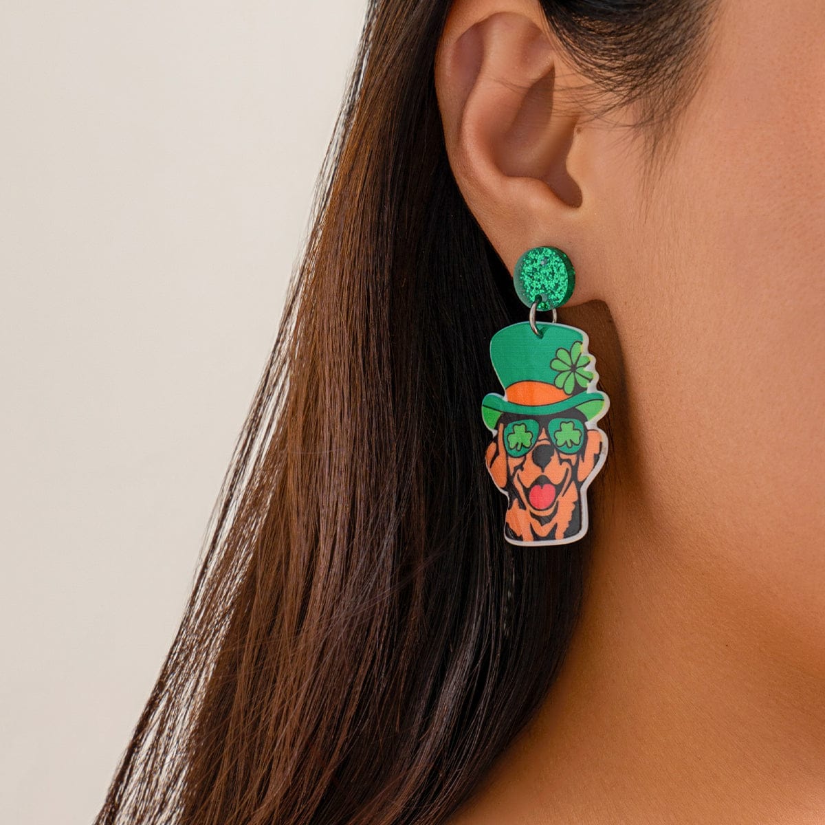 Cute Lucky Clover Dangling Puppy Earrings - ArtGalleryZen