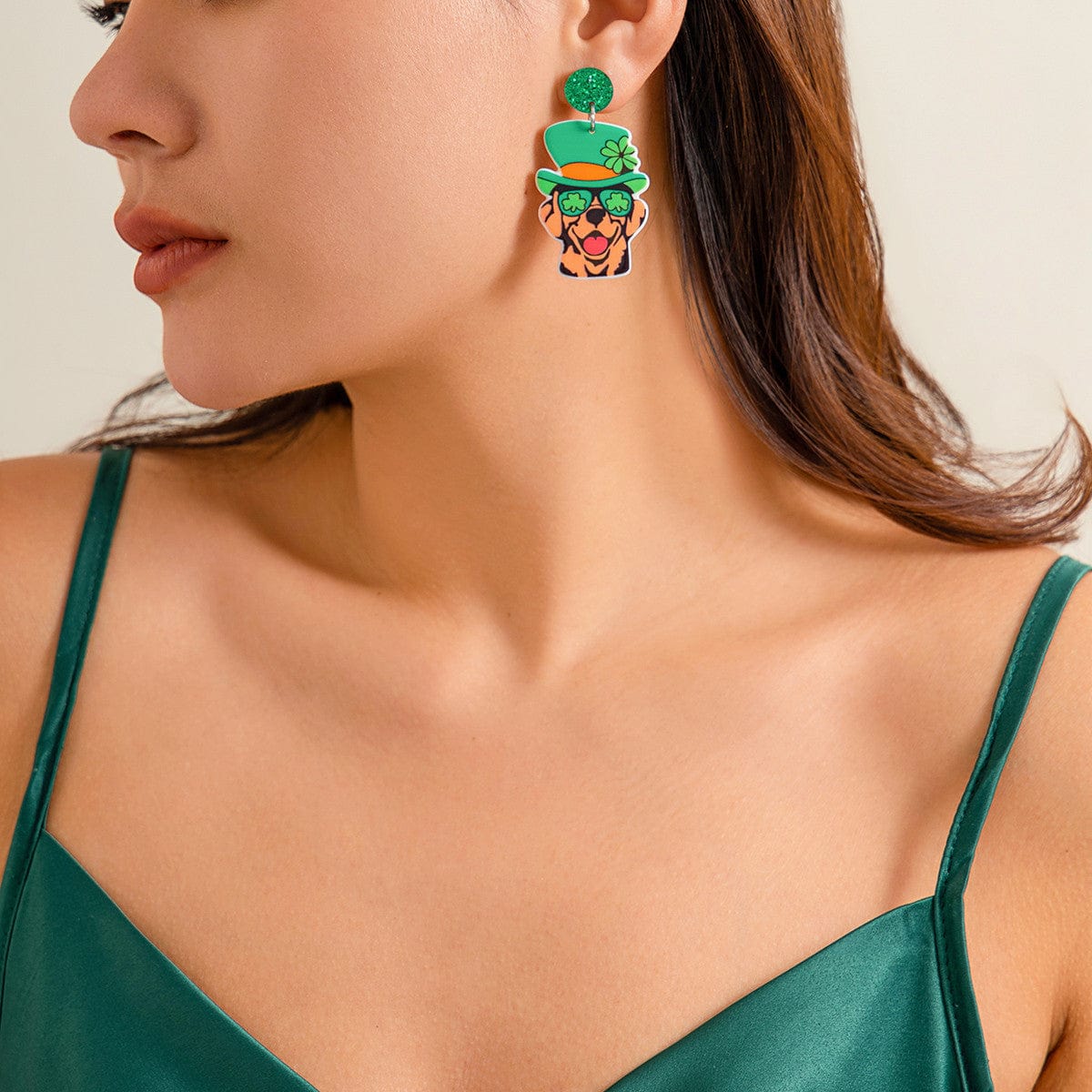 Cute Lucky Clover Dangling Puppy Earrings - ArtGalleryZen