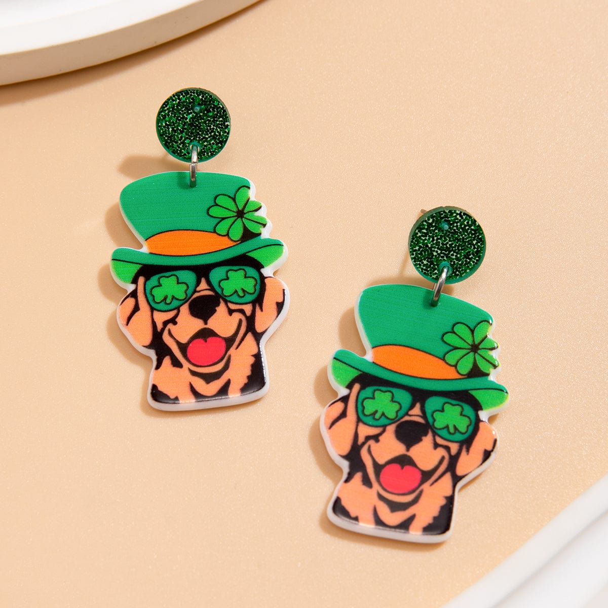 Cute Lucky Clover Dangling Puppy Earrings - ArtGalleryZen