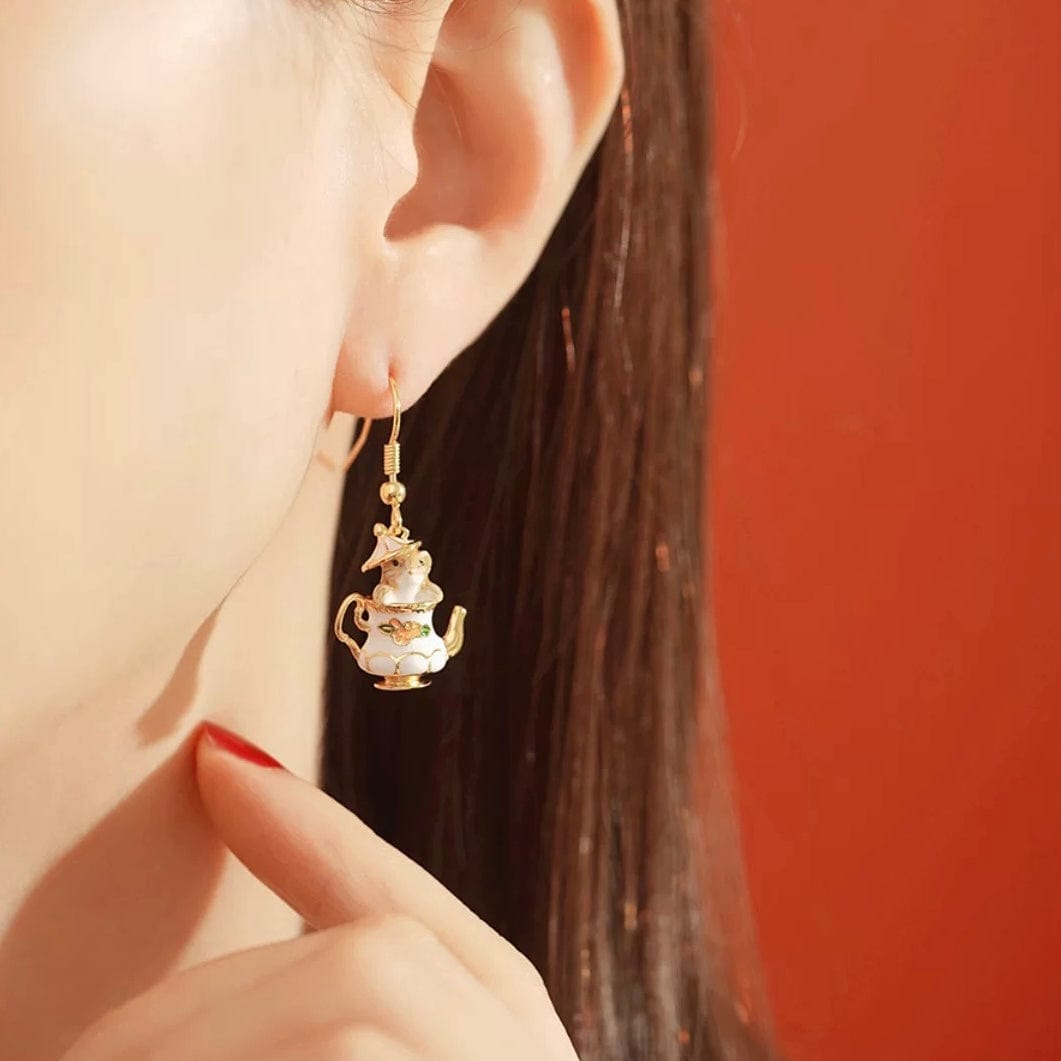Cute Enamel Teacup Hamster Earrings Necklace - ArtGalleryZen