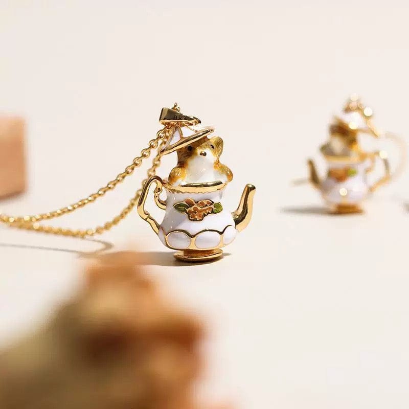 Cute Enamel Teacup Hamster Earrings Necklace - ArtGalleryZen