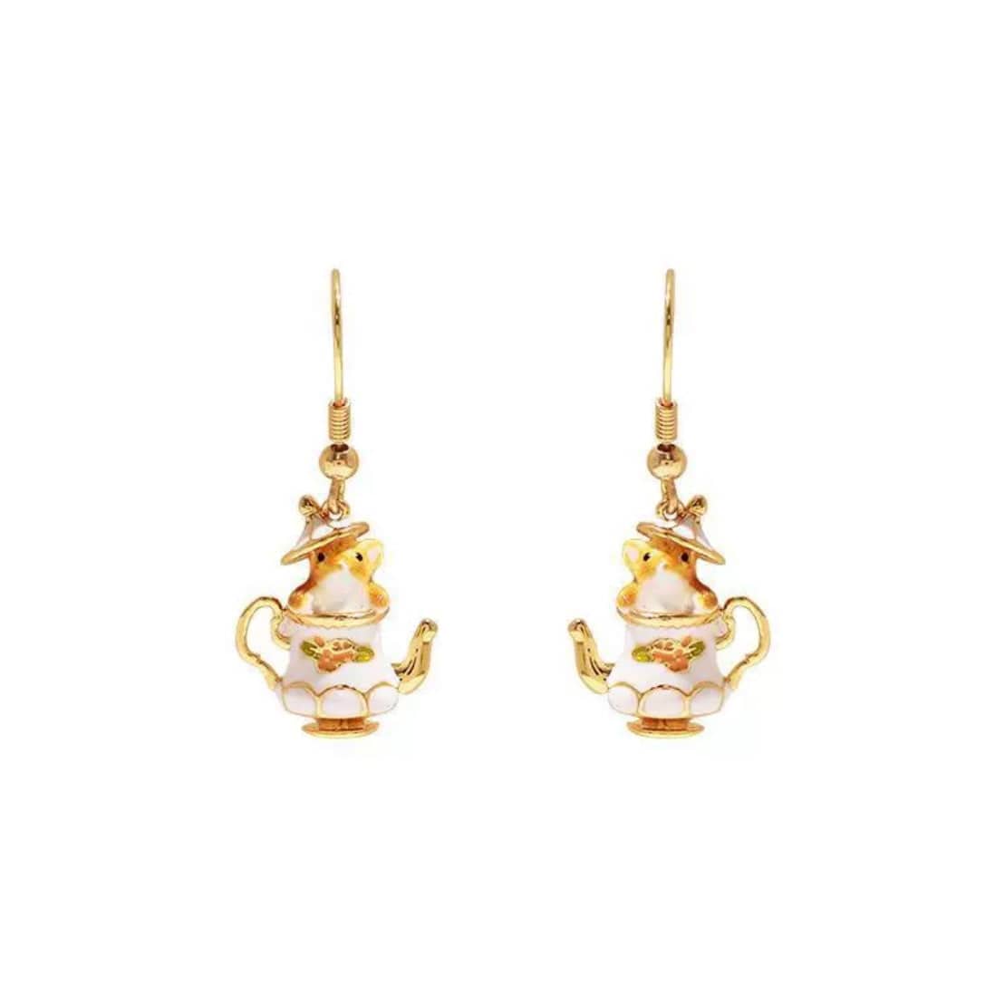 Cute Enamel Teacup Hamster Earrings Necklace - ArtGalleryZen