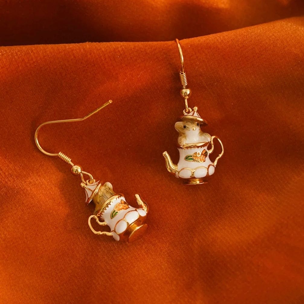 Cute Enamel Teacup Hamster Earrings Necklace - ArtGalleryZen