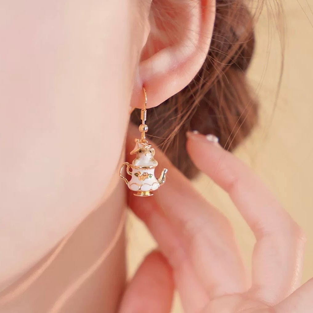 Cute Enamel Teacup Hamster Earrings Necklace - ArtGalleryZen