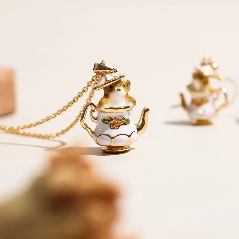 Cute Enamel Teacup Hamster Earrings Necklace