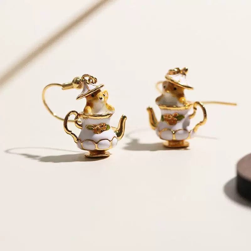 Cute Enamel Teacup Hamster Earrings Necklace