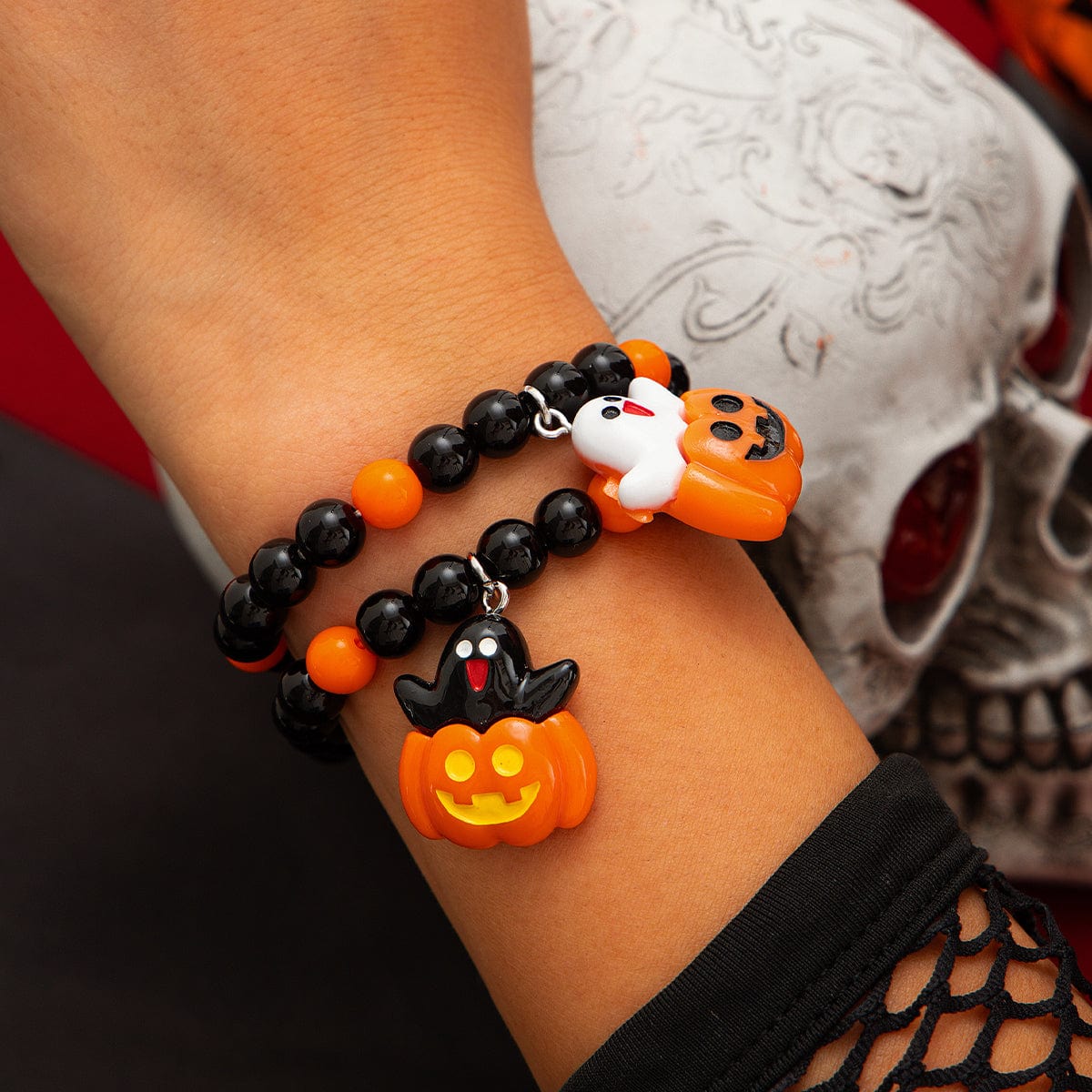 Cute Halloween Pumpkin Ghost Charm Crystal Beaded Bracelet Set - ArtGalleryZen