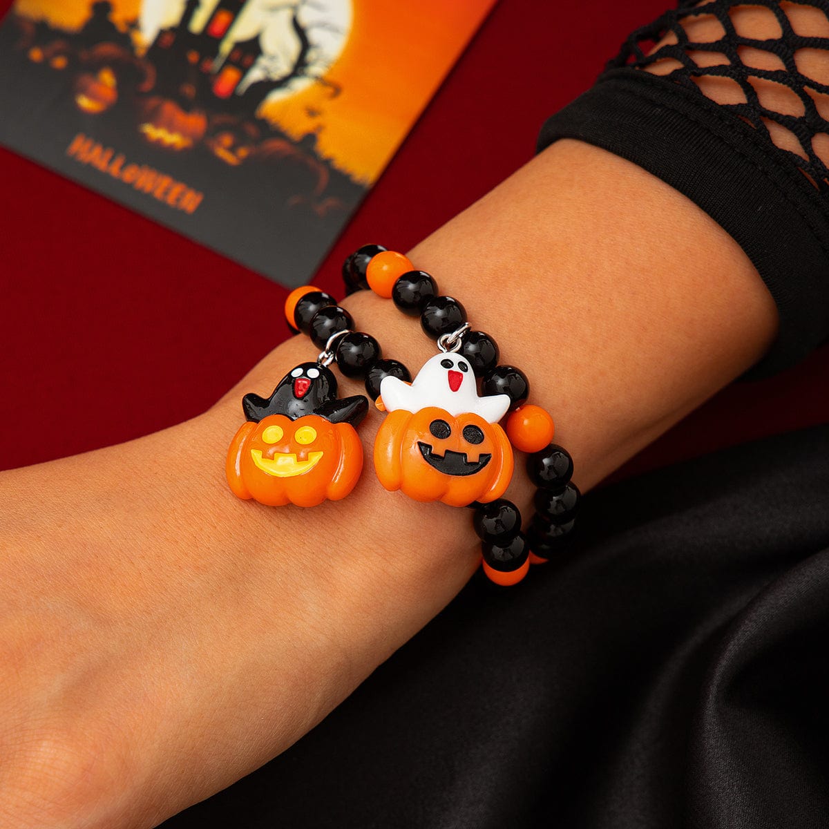 Cute Halloween Pumpkin Ghost Charm Crystal Beaded Bracelet Set