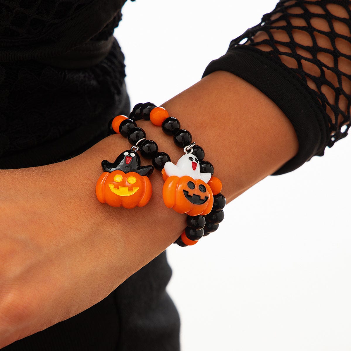 Cute Halloween Pumpkin Ghost Charm Crystal Beaded Bracelet Set