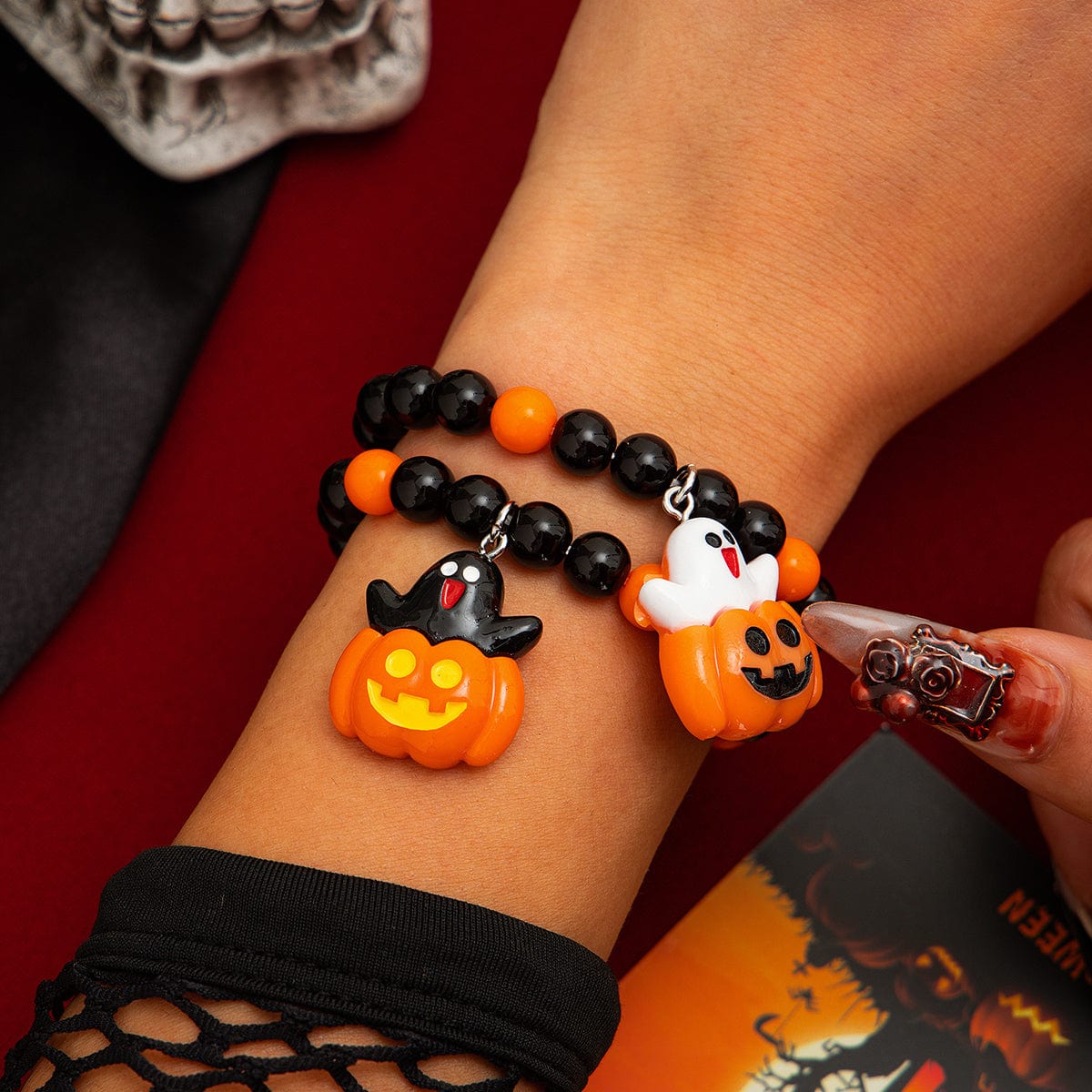 Cute Halloween Pumpkin Ghost Charm Crystal Beaded Bracelet Set