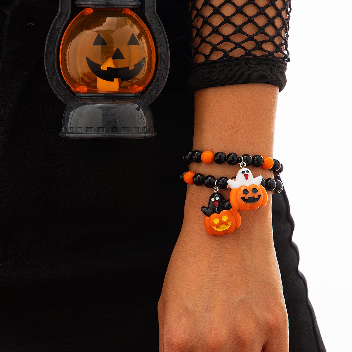 Cute Halloween Pumpkin Ghost Charm Crystal Beaded Bracelet Set