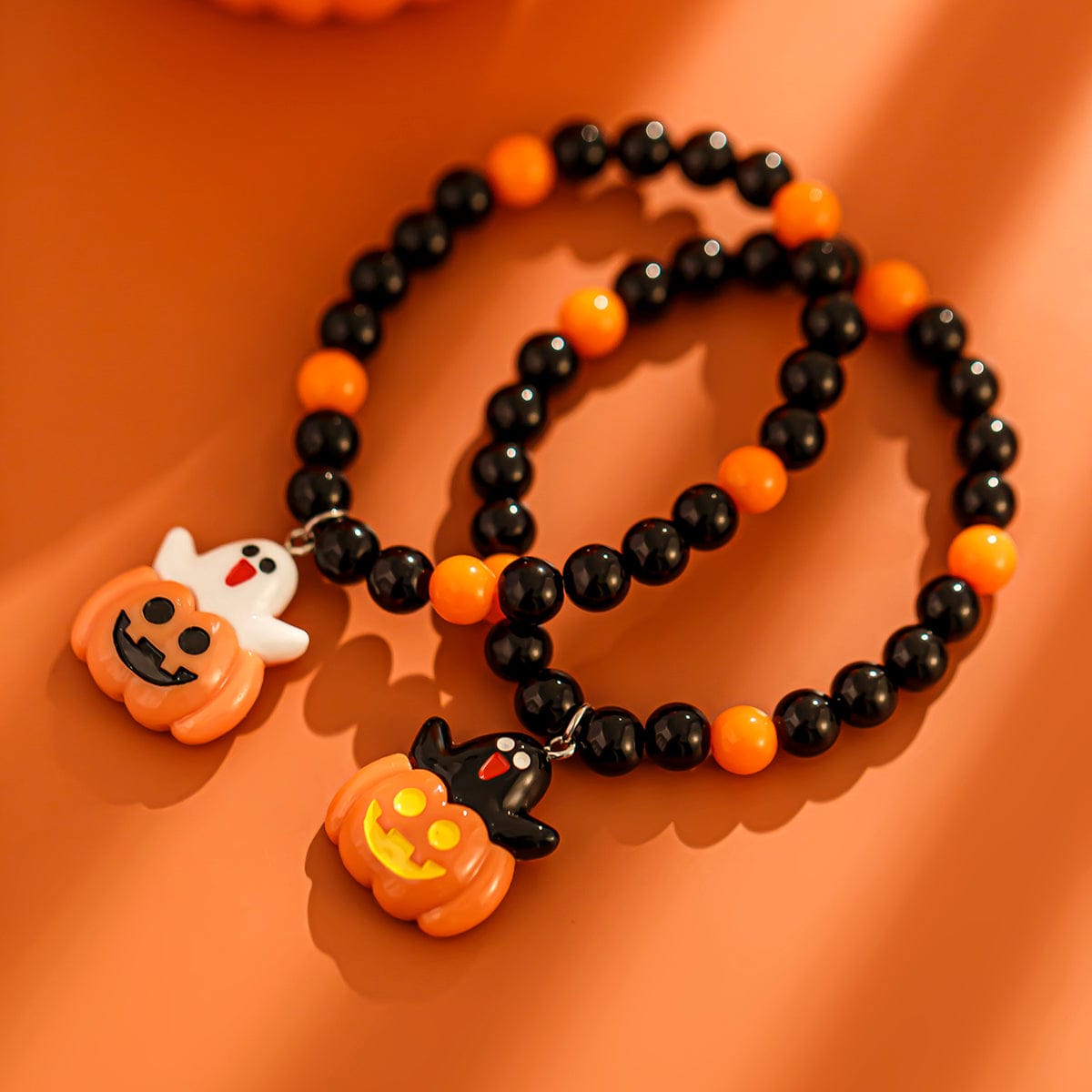 Cute Halloween Pumpkin Ghost Charm Crystal Beaded Bracelet Set