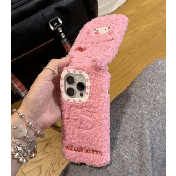 Cute Hello Kitty Embroidery Plush Mirror Flip iPhone Case - ArtGalleryZen