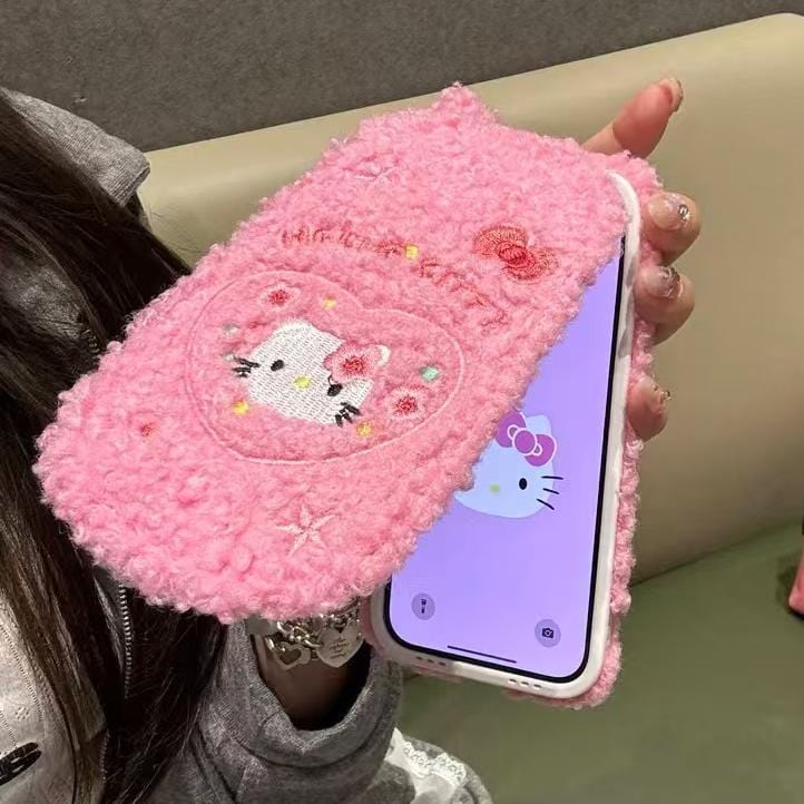Cute Hello Kitty Embroidery Plush Mirror Flip iPhone Case - ArtGalleryZen