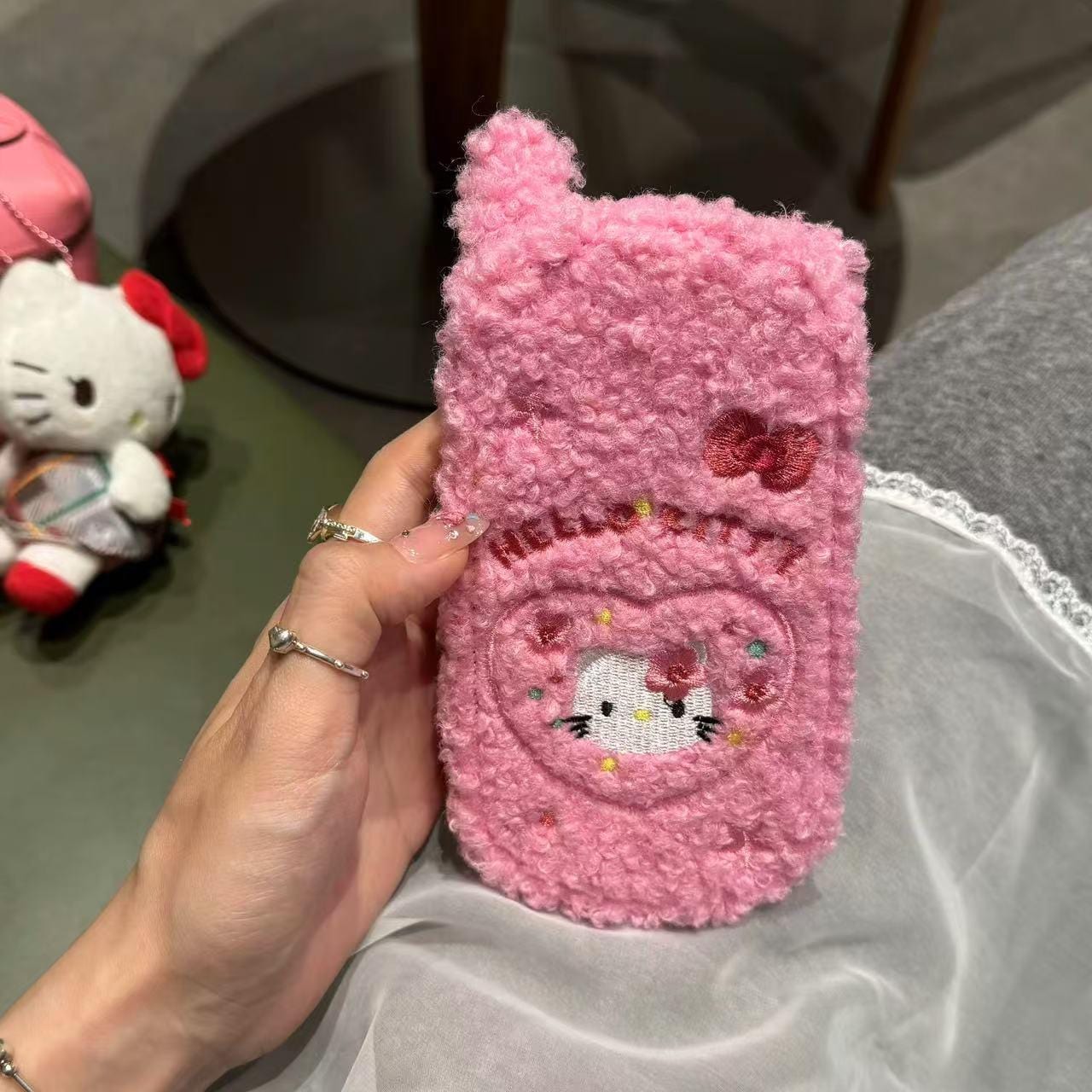 Cute Hello Kitty Embroidery Plush Mirror Flip iPhone Case