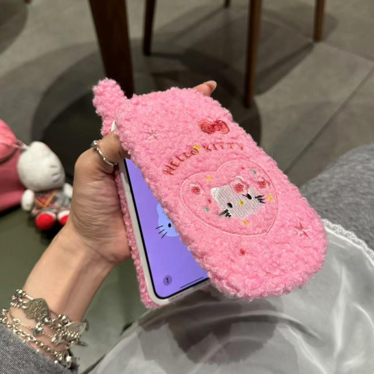 Cute Hello Kitty Embroidery Plush Mirror Flip iPhone Case