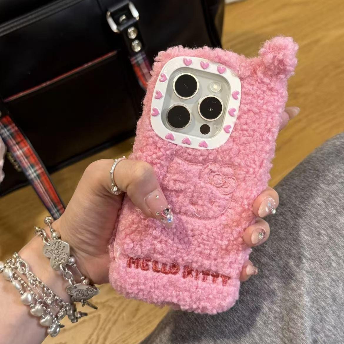 Cute Hello Kitty Embroidery Plush Mirror Flip iPhone Case